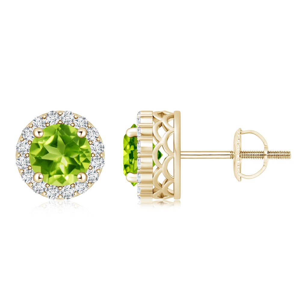 6mm AAA Round Peridot and Diamond Halo Stud Earrings in Yellow Gold