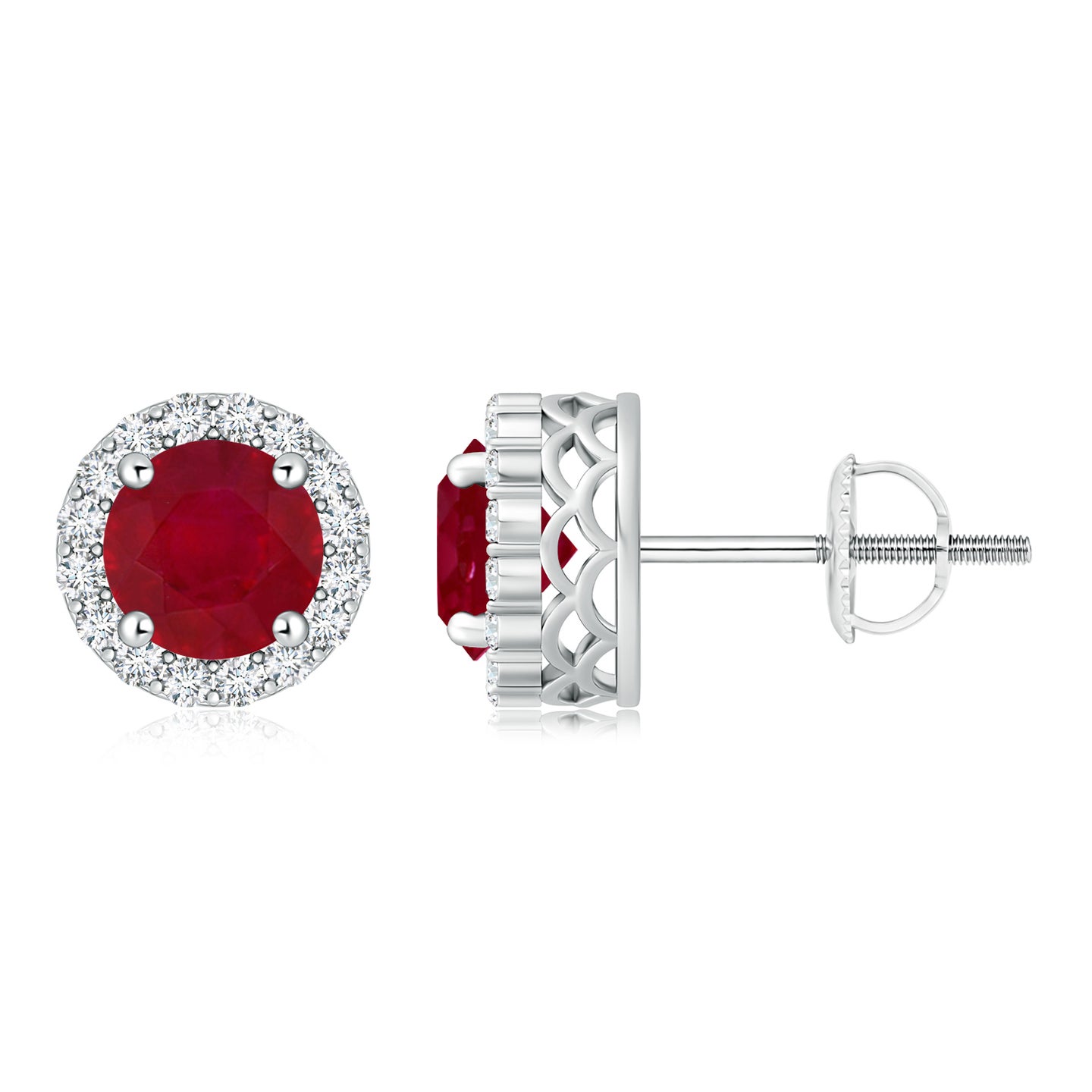 Round Ruby and Diamond Halo Stud Earrings