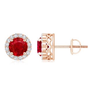 6mm AAA Round Ruby and Diamond Halo Stud Earrings in Rose Gold