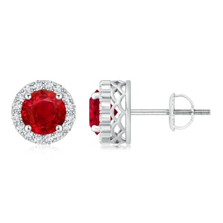 6mm AAA Round Ruby and Diamond Halo Stud Earrings in White Gold