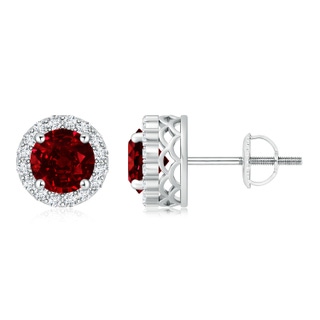 6mm AAAA Round Ruby and Diamond Halo Stud Earrings in P950 Platinum