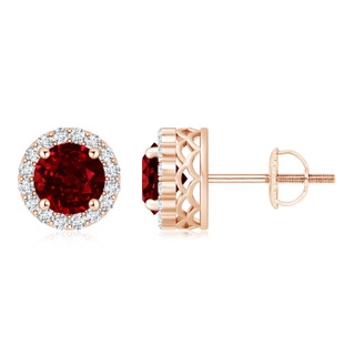 6mm AAAA Round Ruby and Diamond Halo Stud Earrings in Rose Gold