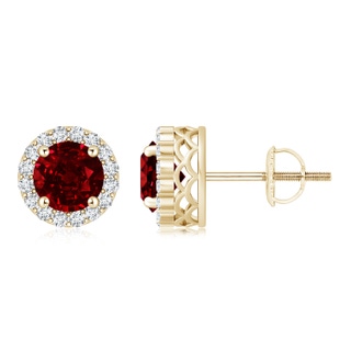 6mm AAAA Round Ruby and Diamond Halo Stud Earrings in Yellow Gold