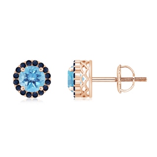 6mm A Round Swiss Blue Topaz and Sapphire Halo Stud Earrings in Rose Gold