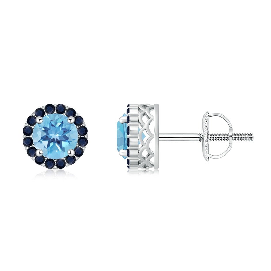 6mm A Round Swiss Blue Topaz and Sapphire Halo Stud Earrings in White Gold 