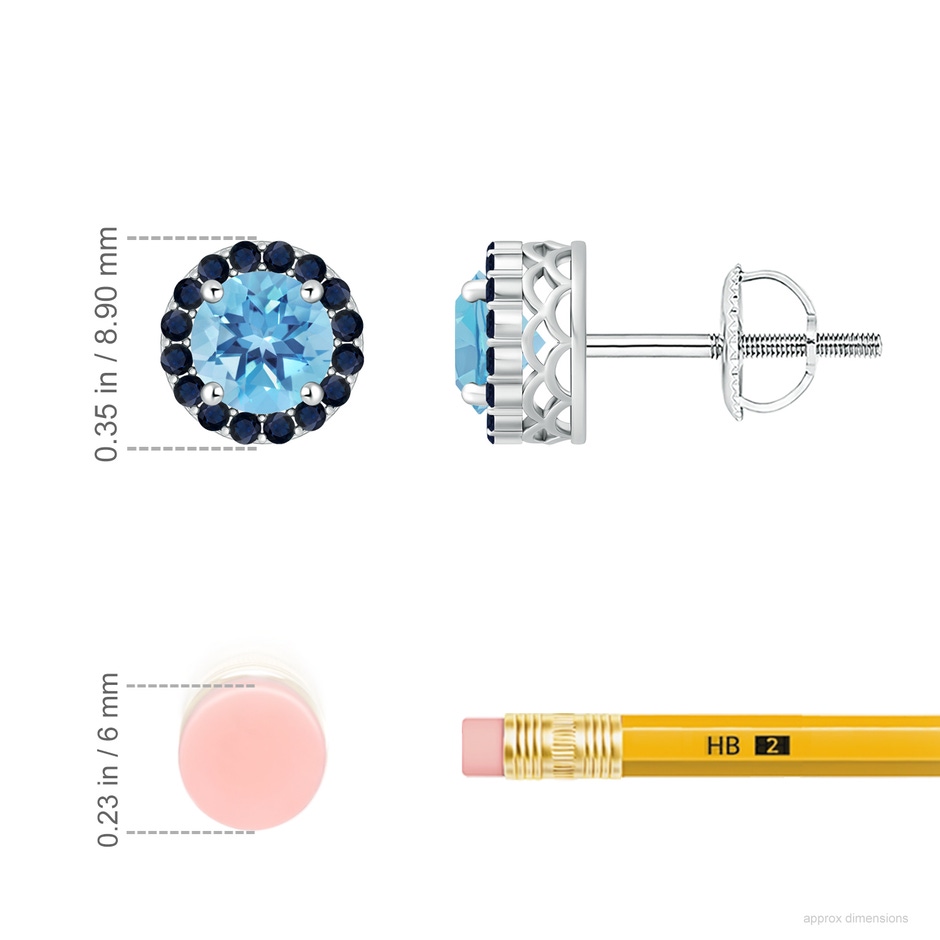 6mm A Round Swiss Blue Topaz and Sapphire Halo Stud Earrings in White Gold ruler