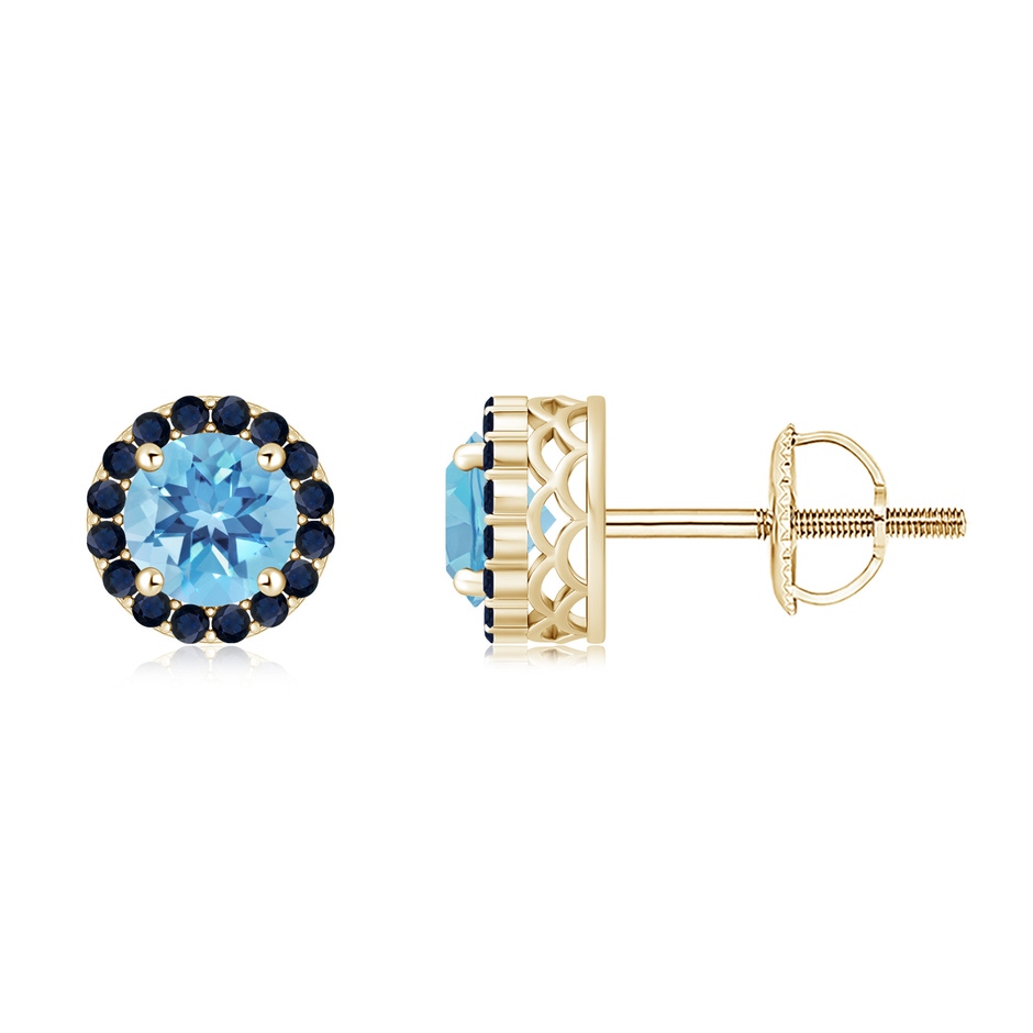 6mm A Round Swiss Blue Topaz and Sapphire Halo Stud Earrings in Yellow Gold 
