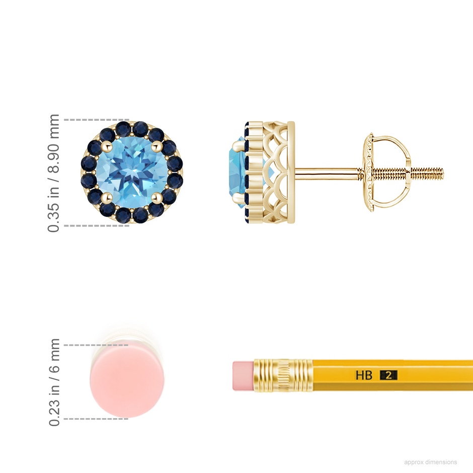 6mm A Round Swiss Blue Topaz and Sapphire Halo Stud Earrings in Yellow Gold ruler