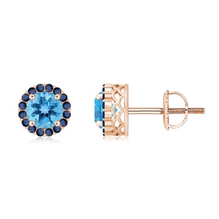 6mm AA Round Swiss Blue Topaz and Sapphire Halo Stud Earrings in Rose Gold