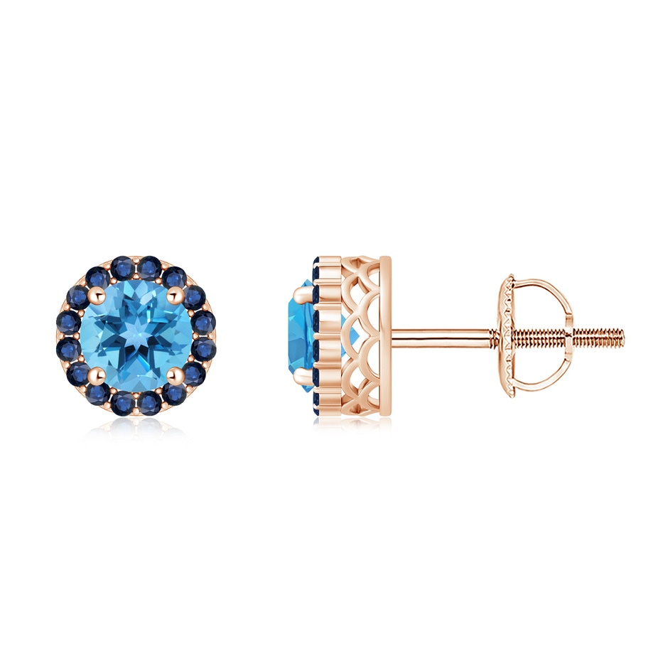 6mm AA Round Swiss Blue Topaz and Sapphire Halo Stud Earrings in Rose Gold 