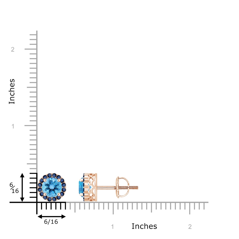 6mm AA Round Swiss Blue Topaz and Sapphire Halo Stud Earrings in Rose Gold ruler
