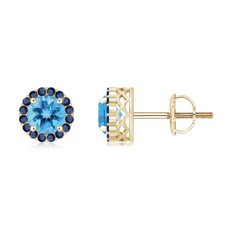 6mm AA Round Swiss Blue Topaz and Sapphire Halo Stud Earrings in Yellow Gold 