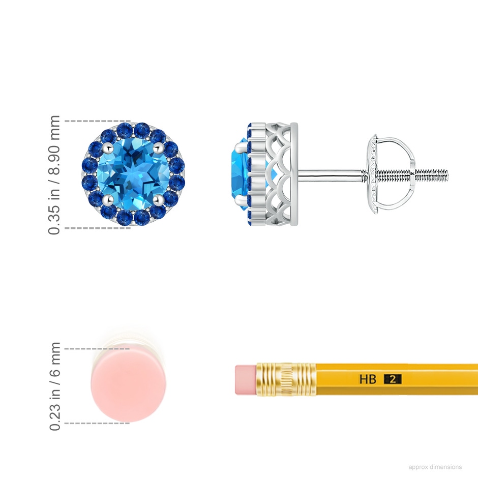 6mm AAA Round Swiss Blue Topaz and Sapphire Halo Stud Earrings in 18K White Gold ruler