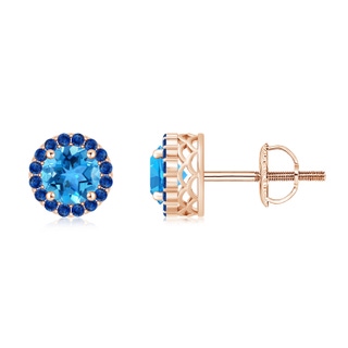 6mm AAA Round Swiss Blue Topaz and Sapphire Halo Stud Earrings in Rose Gold