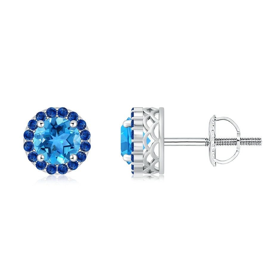 6mm AAA Round Swiss Blue Topaz and Sapphire Halo Stud Earrings in White Gold 