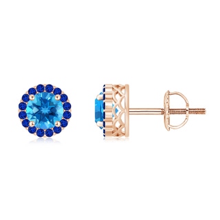 6mm AAAA Round Swiss Blue Topaz and Sapphire Halo Stud Earrings in 10K Rose Gold