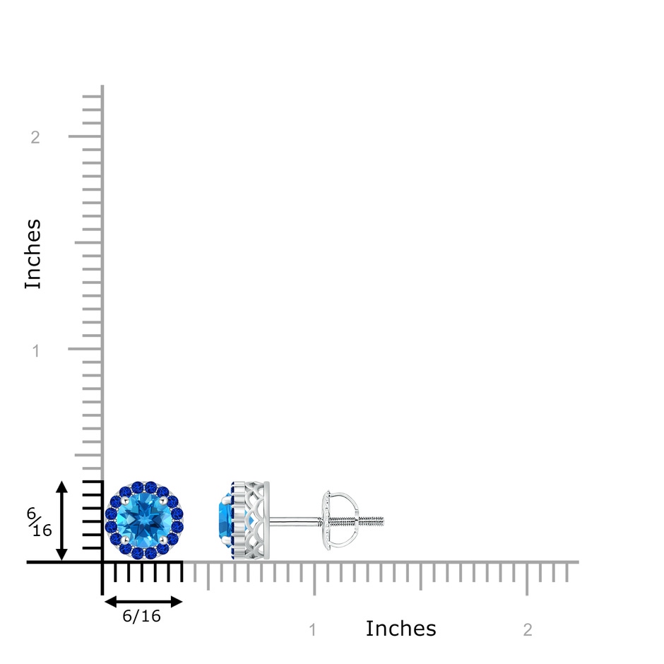 6mm AAAA Round Swiss Blue Topaz and Sapphire Halo Stud Earrings in P950 Platinum ruler