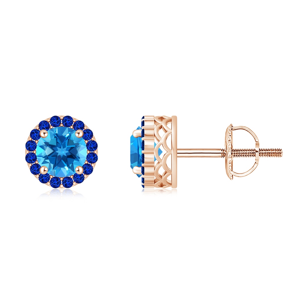 6mm AAAA Round Swiss Blue Topaz and Sapphire Halo Stud Earrings in Rose Gold