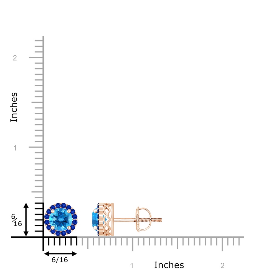 6mm AAAA Round Swiss Blue Topaz and Sapphire Halo Stud Earrings in Rose Gold ruler