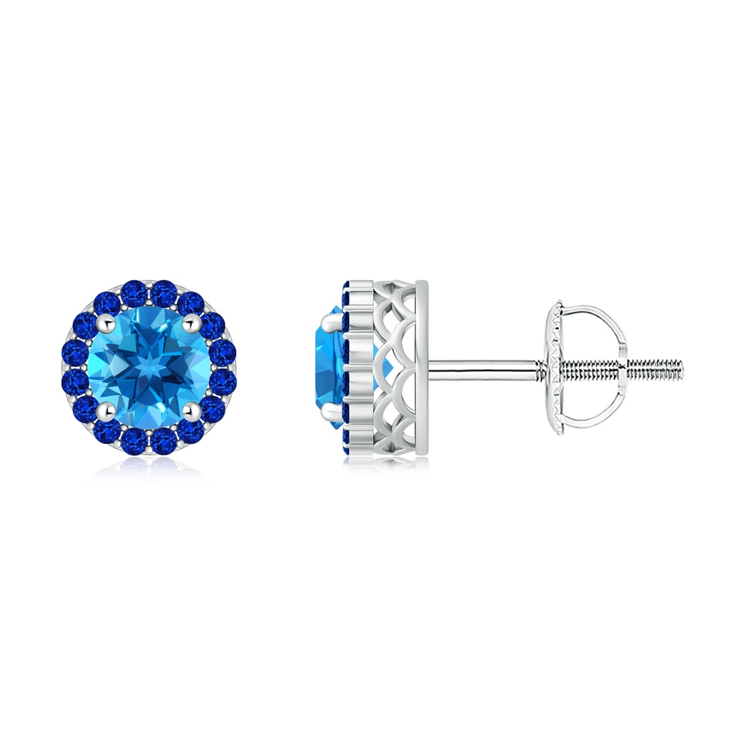6mm AAAA Round Swiss Blue Topaz and Sapphire Halo Stud Earrings in White Gold