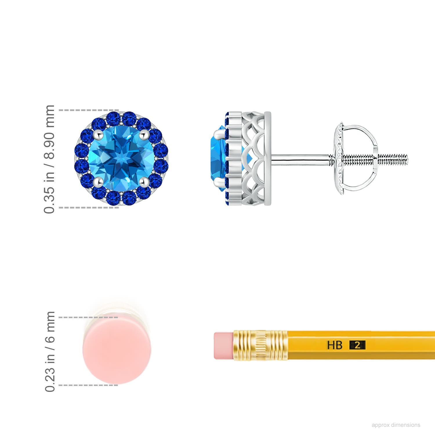 6mm AAAA Round Swiss Blue Topaz and Sapphire Halo Stud Earrings in White Gold - ruler