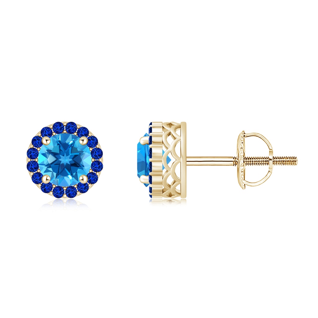 6mm AAAA Round Swiss Blue Topaz and Sapphire Halo Stud Earrings in Yellow Gold