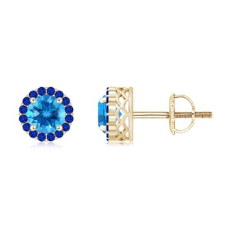 6mm AAAA Round Swiss Blue Topaz and Sapphire Halo Stud Earrings in Yellow Gold