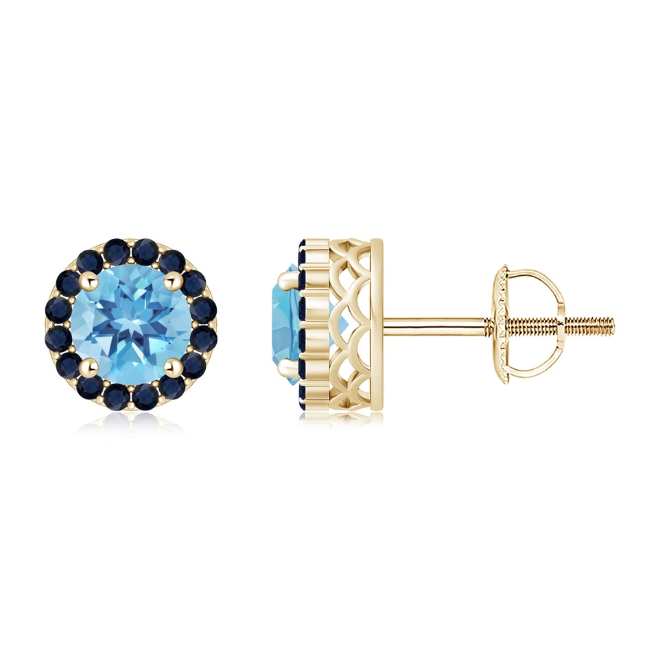 7mm A Round Swiss Blue Topaz and Sapphire Halo Stud Earrings in Yellow Gold 