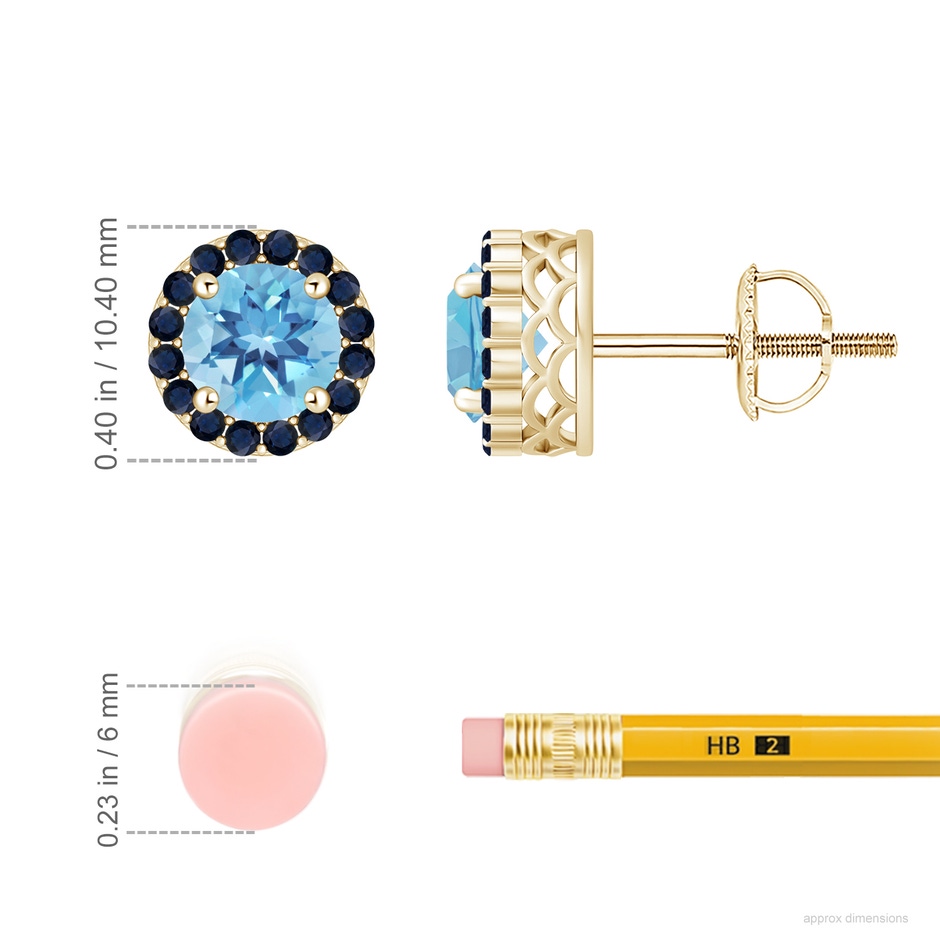 7mm A Round Swiss Blue Topaz and Sapphire Halo Stud Earrings in Yellow Gold ruler