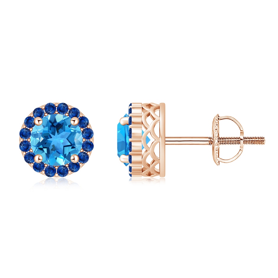 7mm AAA Round Swiss Blue Topaz and Sapphire Halo Stud Earrings in Rose Gold 