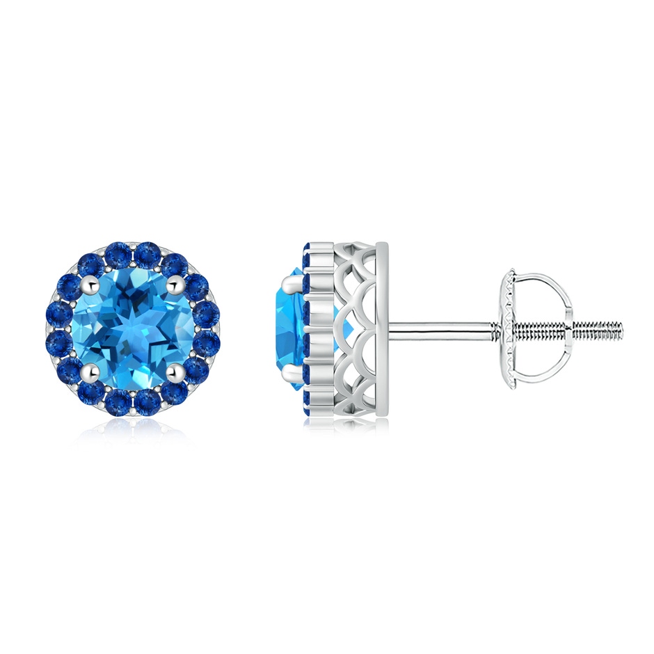 7mm AAA Round Swiss Blue Topaz and Sapphire Halo Stud Earrings in White Gold 