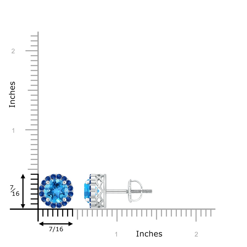 7mm AAA Round Swiss Blue Topaz and Sapphire Halo Stud Earrings in White Gold ruler