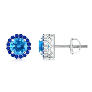 7mm AAAA Round Swiss Blue Topaz and Sapphire Halo Stud Earrings in P950 Platinum