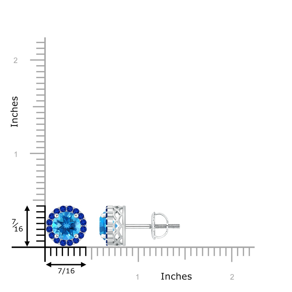 7mm AAAA Round Swiss Blue Topaz and Sapphire Halo Stud Earrings in P950 Platinum Ruler