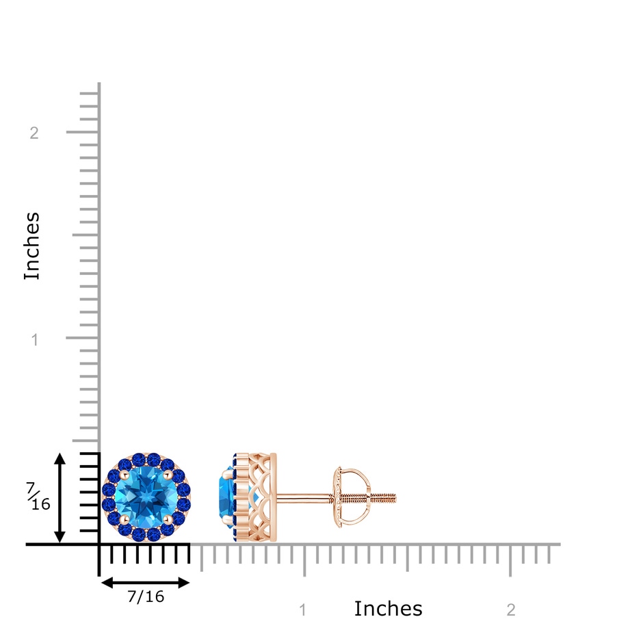 7mm AAAA Round Swiss Blue Topaz and Sapphire Halo Stud Earrings in Rose Gold ruler