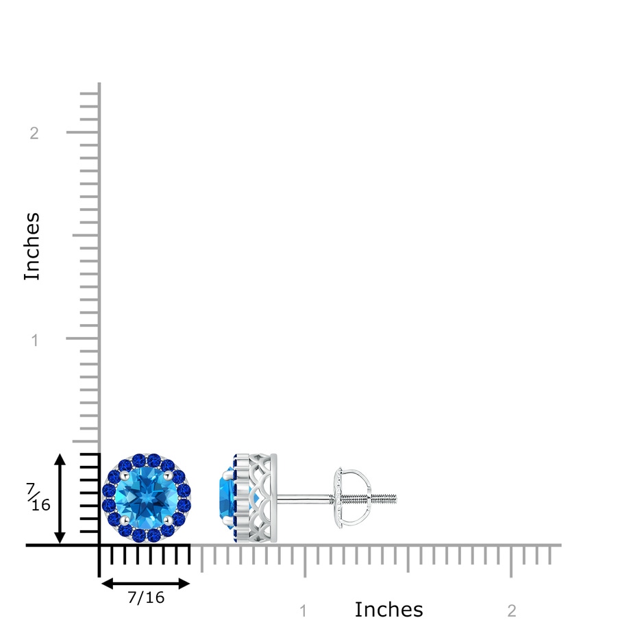 7mm AAAA Round Swiss Blue Topaz and Sapphire Halo Stud Earrings in White Gold ruler