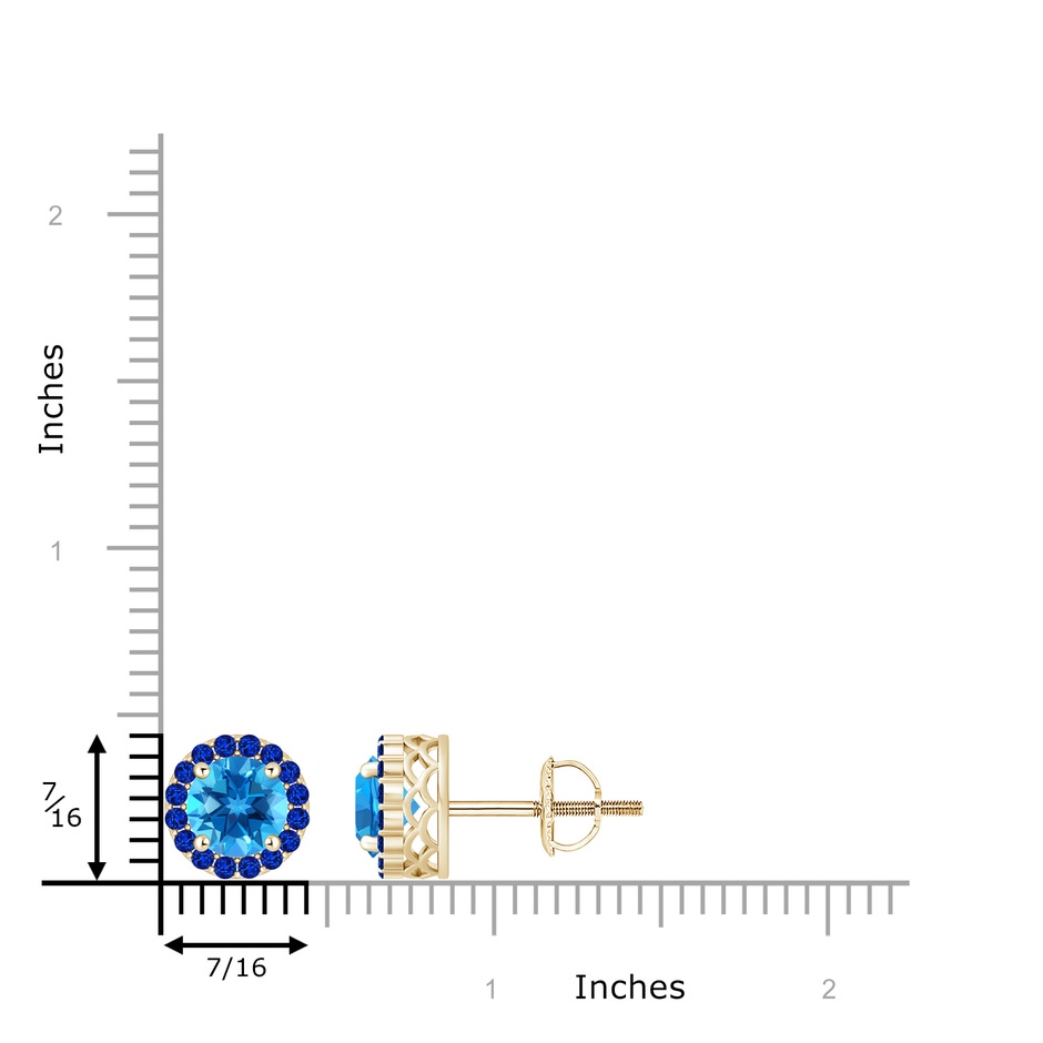 7mm AAAA Round Swiss Blue Topaz and Sapphire Halo Stud Earrings in Yellow Gold ruler