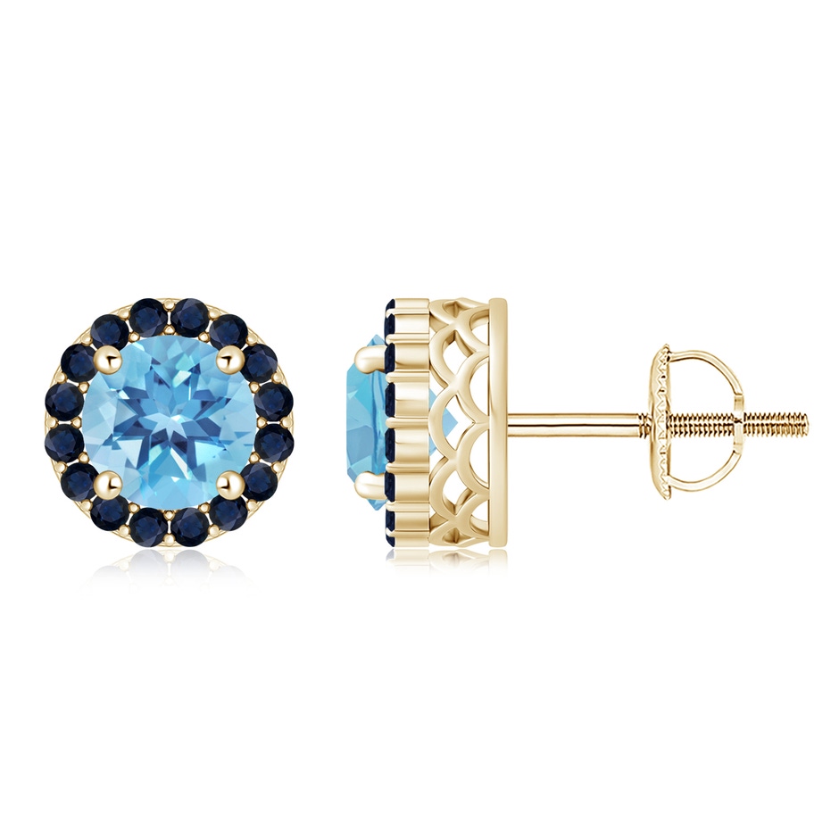 8mm A Round Swiss Blue Topaz and Sapphire Halo Stud Earrings in Yellow Gold 