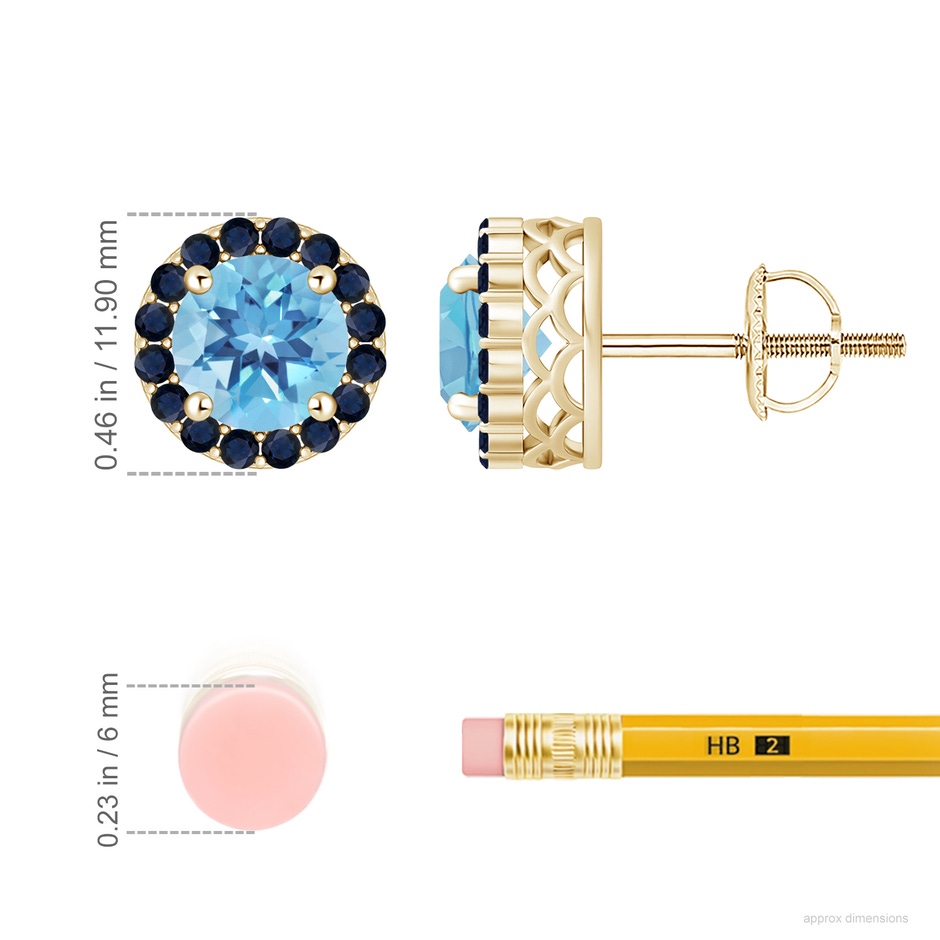 8mm A Round Swiss Blue Topaz and Sapphire Halo Stud Earrings in Yellow Gold ruler