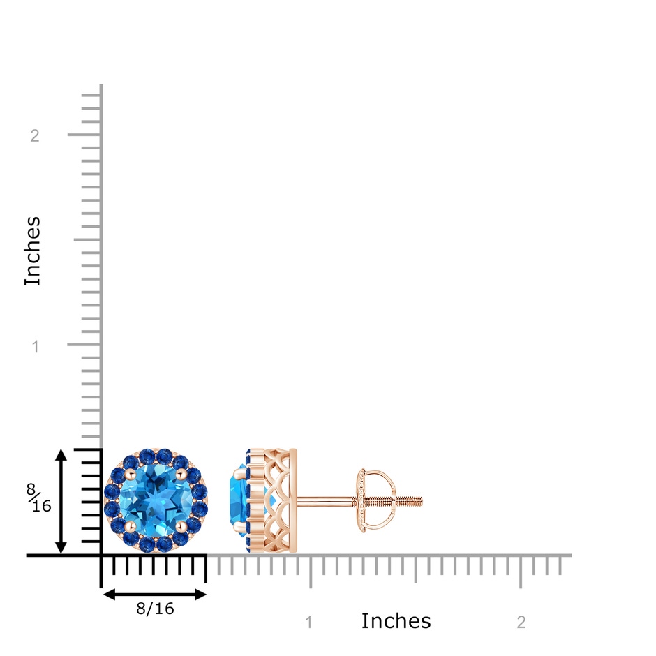 8mm AAA Round Swiss Blue Topaz and Sapphire Halo Stud Earrings in Rose Gold ruler