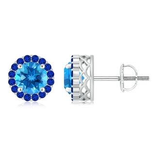 8mm AAAA Round Swiss Blue Topaz and Sapphire Halo Stud Earrings in P950 Platinum