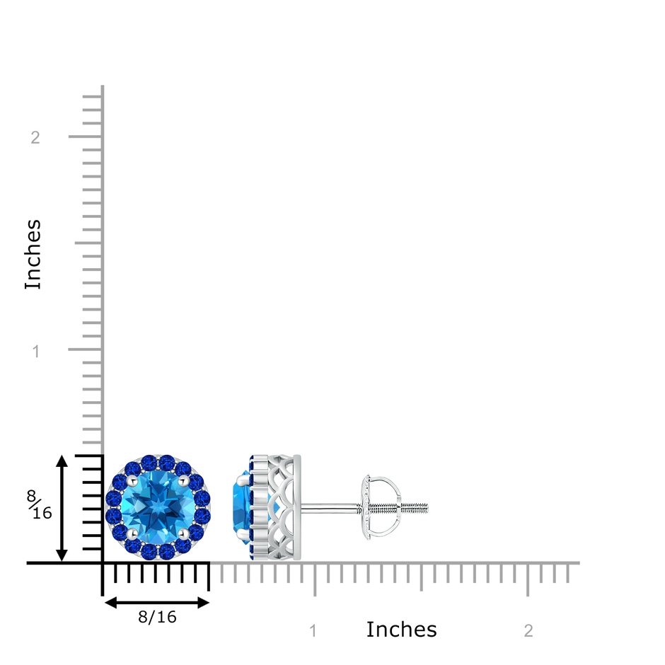 8mm AAAA Round Swiss Blue Topaz and Sapphire Halo Stud Earrings in P950 Platinum ruler