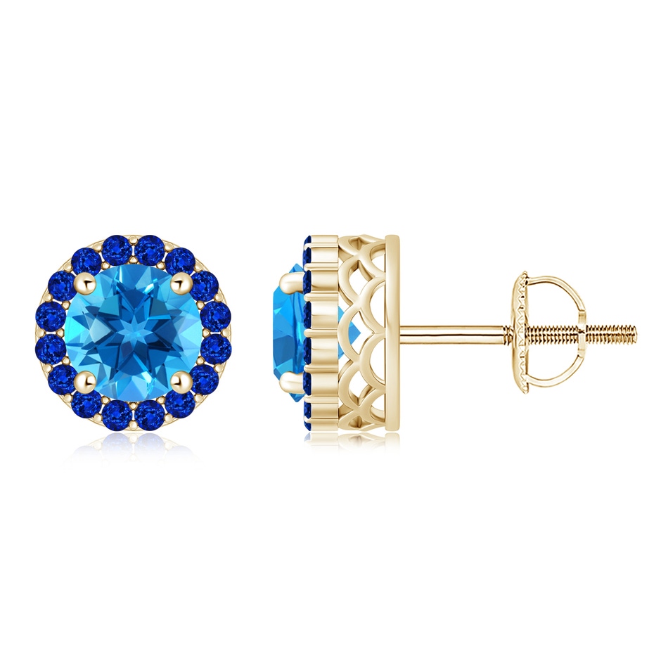 8mm AAAA Round Swiss Blue Topaz and Sapphire Halo Stud Earrings in Yellow Gold 
