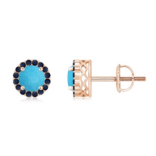 6mm A Round Turquoise and Sapphire Halo Stud Earrings in Rose Gold