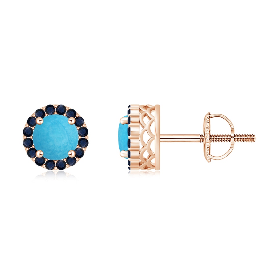 6mm A Round Turquoise and Sapphire Halo Stud Earrings in Rose Gold 