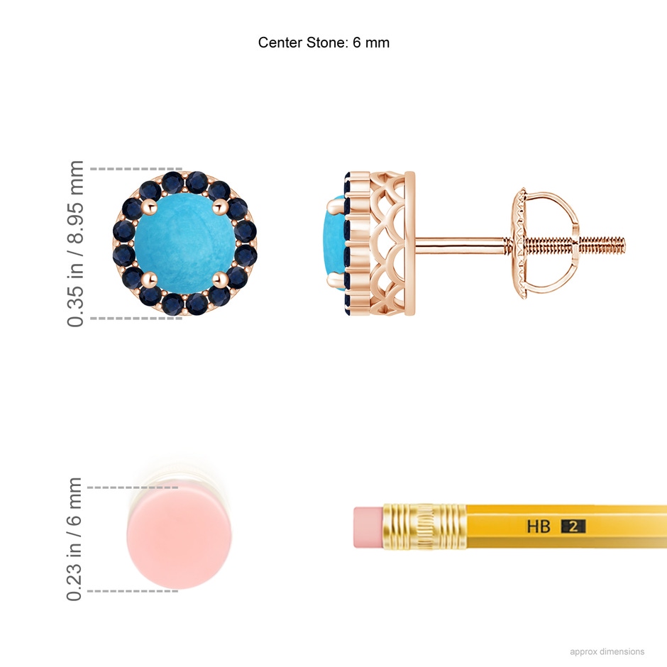 6mm A Round Turquoise and Sapphire Halo Stud Earrings in Rose Gold ruler