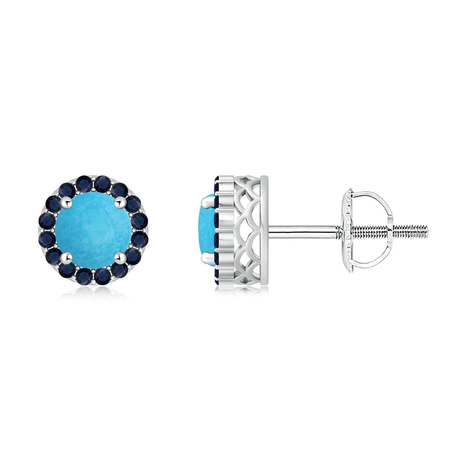 6mm A Round Turquoise and Sapphire Halo Stud Earrings in White Gold
