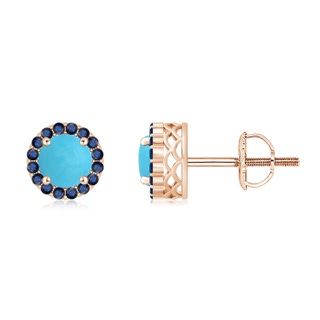 6mm AA Round Turquoise and Sapphire Halo Stud Earrings in Rose Gold