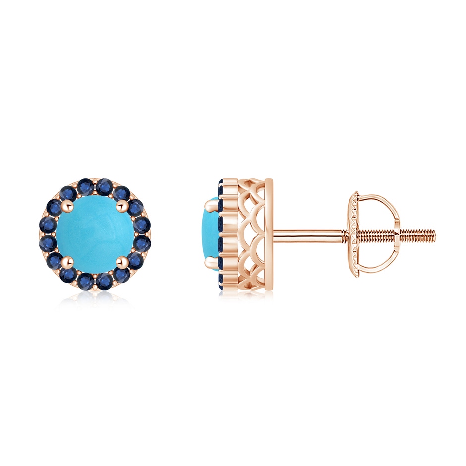 6mm AA Round Turquoise and Sapphire Halo Stud Earrings in Rose Gold 