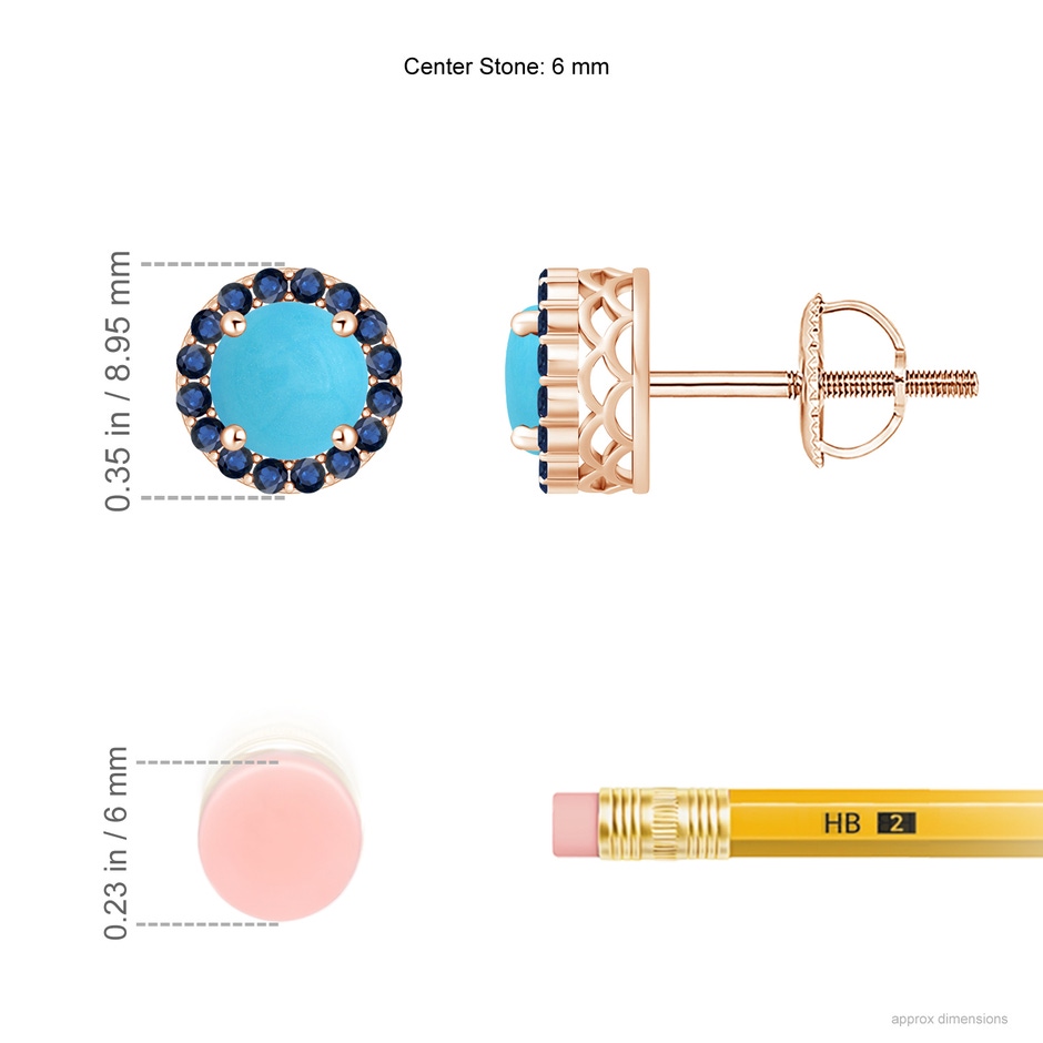 6mm AA Round Turquoise and Sapphire Halo Stud Earrings in Rose Gold ruler